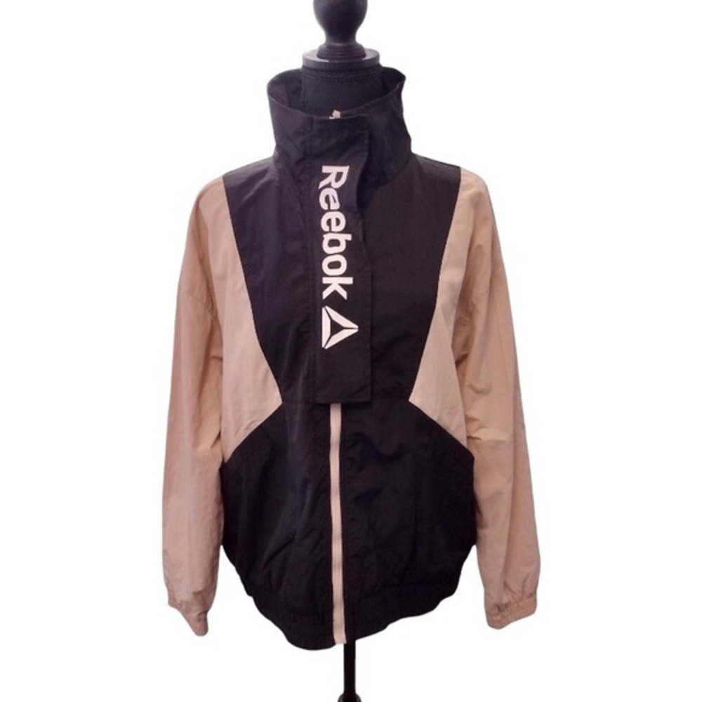 REEBOK Windbreaker Jacket Womens Medium Ladies Lightweight Coat Black Tan
